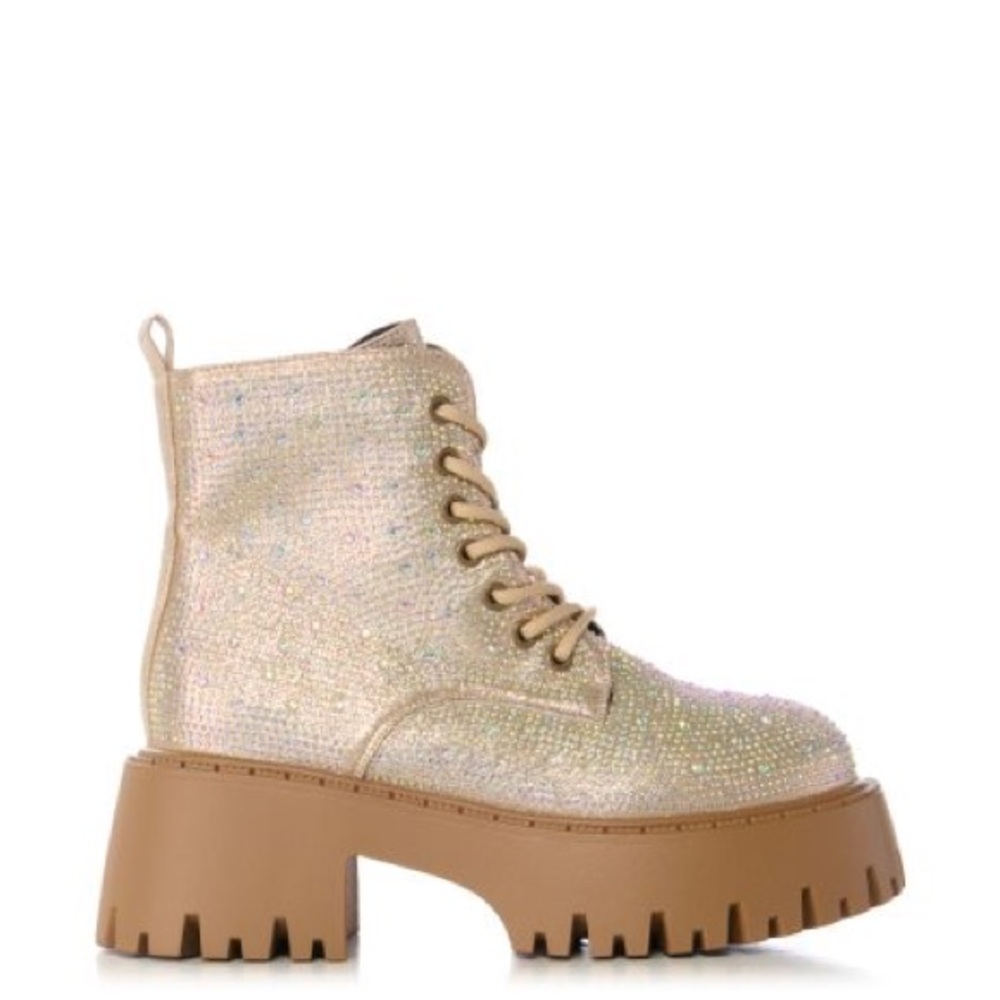 AZALEA WANG Gold Rhinestone Combat Booties - Picture 4 of 5